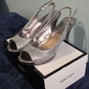 Nine West Silver Glitter Peep-Toe Slingback Heels